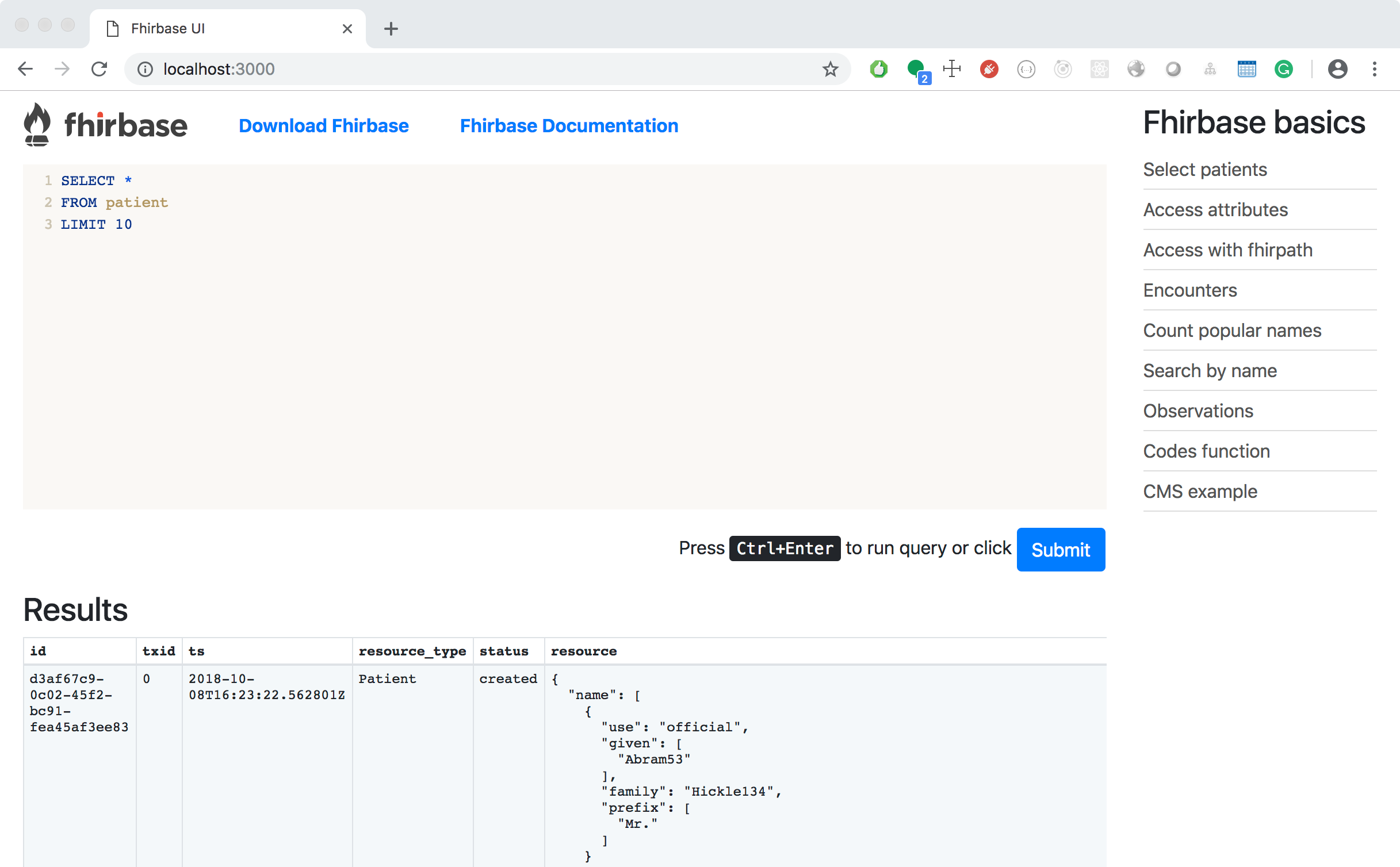 Fhirbase Web demo running locally